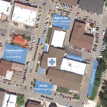 A map of the construction zone and places to park near Cascade Medical.